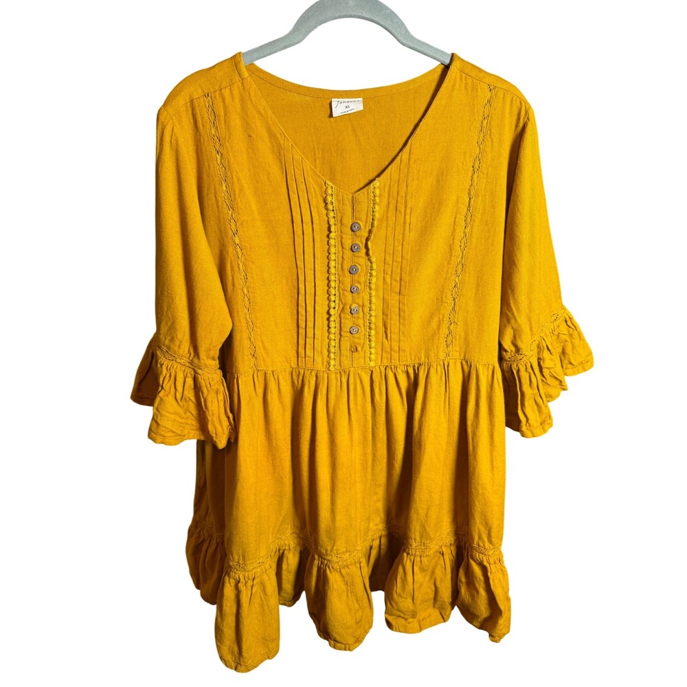 Janasya Mustard‎ Yellow Cotton Linen Tunic Top Boho Lace Ruffle Peplum XL